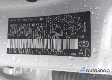 2019 Toyota Corolla Le из США, поврежденный, VIN 2T1BURHE8KC228015